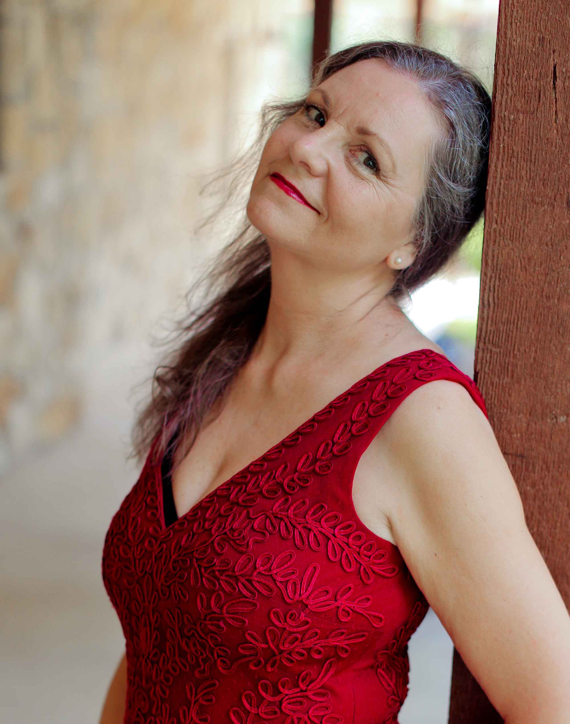 Sandy Johnson in red dress